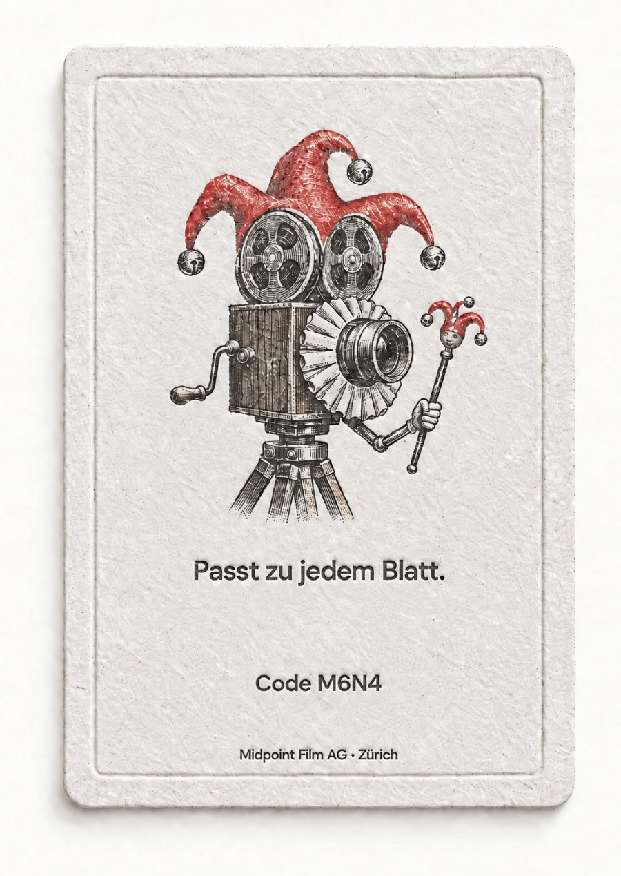 Rückseite: eine Filmkamera als Joker verkleidet. Passt zu jedem Blatt. Code M6N4.